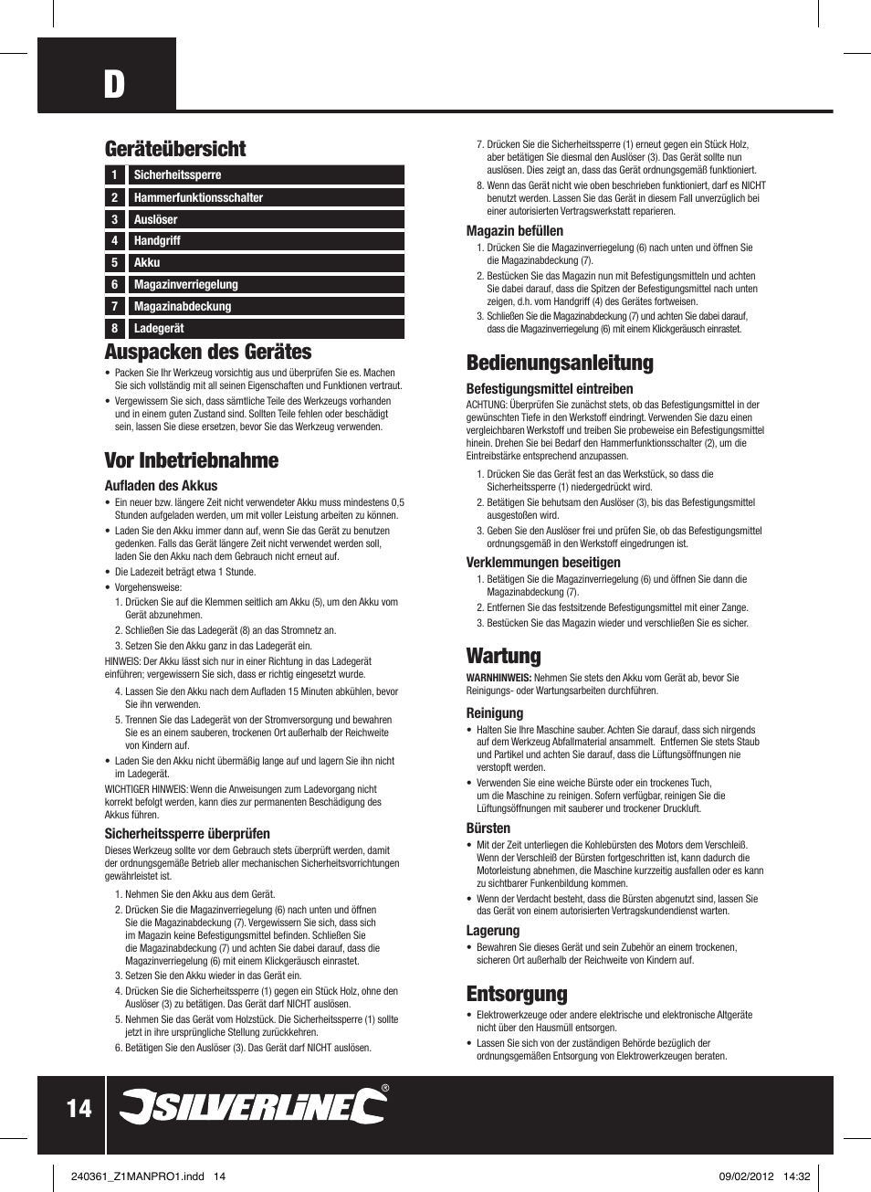 Auspacken des gerätes, Vor inbetriebnahme, Bedienungsanleitung | Wartung, Entsorgung, Geräteübersicht | Silverline 4.8V Cordless Stapler/Tacker User Manual | Page 15 / 28