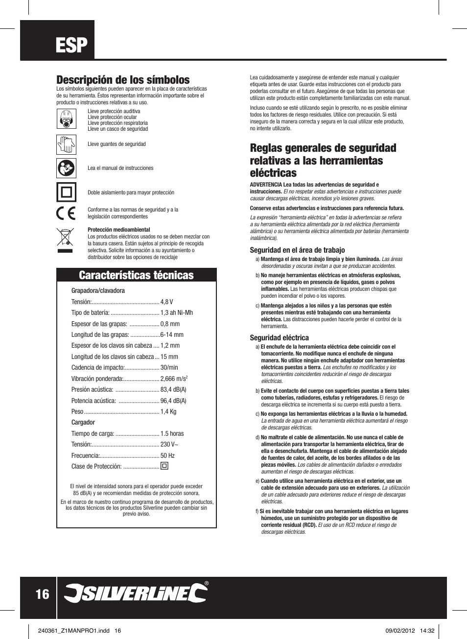 Descripción de los símbolos, Características técnicas | Silverline 4.8V Cordless Stapler/Tacker User Manual | Page 17 / 28