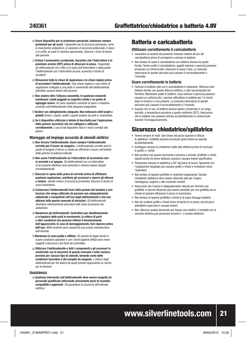 Batteria e caricabatteria, Sicurezza chiodatrice/spillatrice | Silverline 4.8V Cordless Stapler/Tacker User Manual | Page 22 / 28
