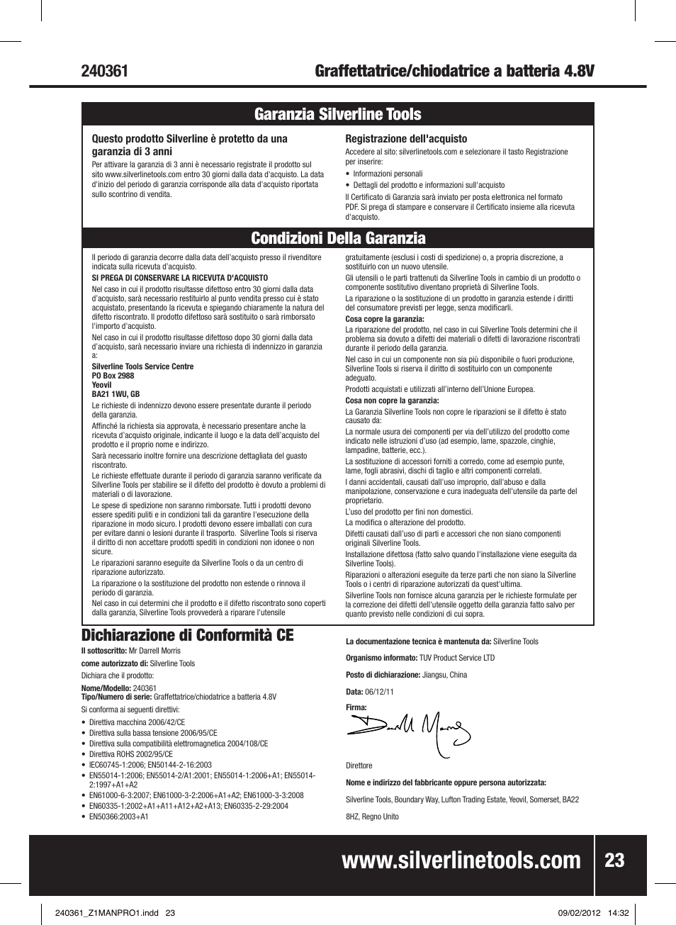Dichiarazione di conformità ce | Silverline 4.8V Cordless Stapler/Tacker User Manual | Page 24 / 28