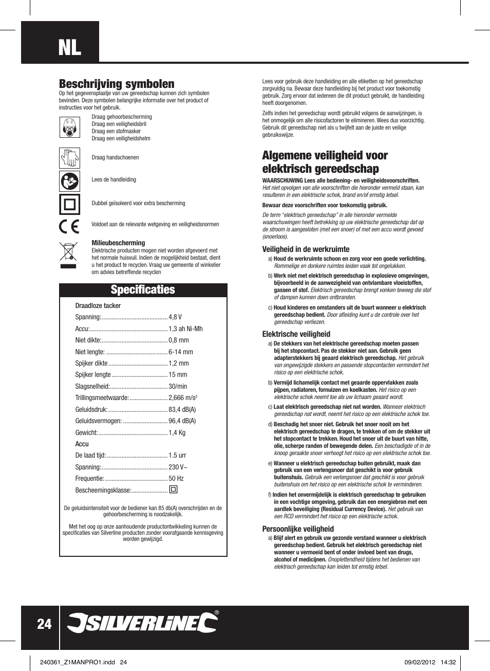 Algemene veiligheid voor elektrisch gereedschap, Beschrijving symbolen, Specificaties | Silverline 4.8V Cordless Stapler/Tacker User Manual | Page 25 / 28