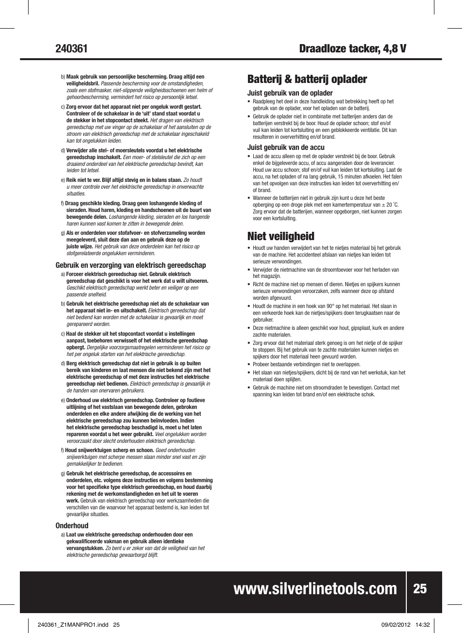 Batterij & batterij oplader, Niet veiligheid | Silverline 4.8V Cordless Stapler/Tacker User Manual | Page 26 / 28