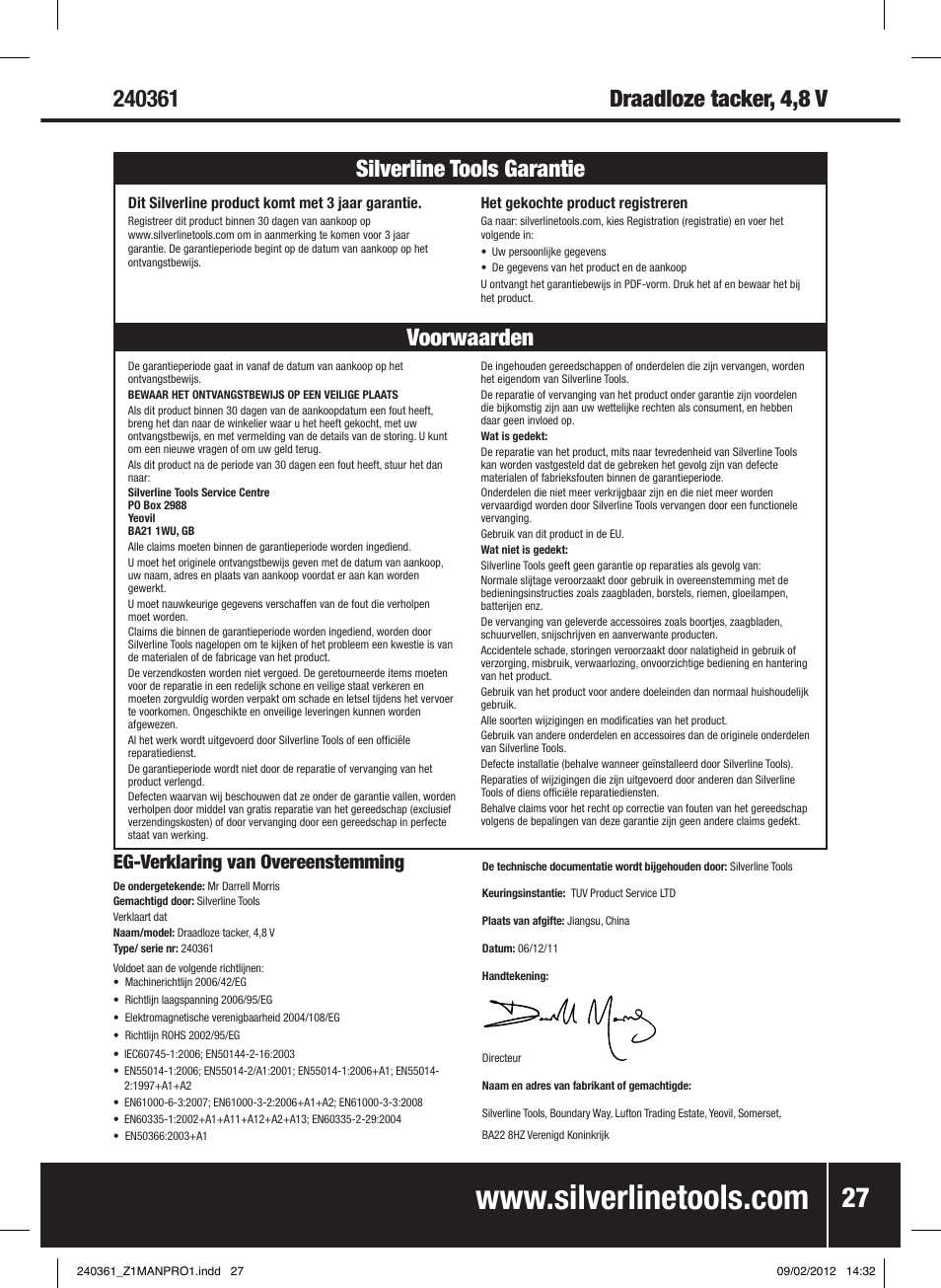 Voorwaarden silverline tools garantie, Eg-verklaring van overeenstemming | Silverline 4.8V Cordless Stapler/Tacker User Manual | Page 28 / 28