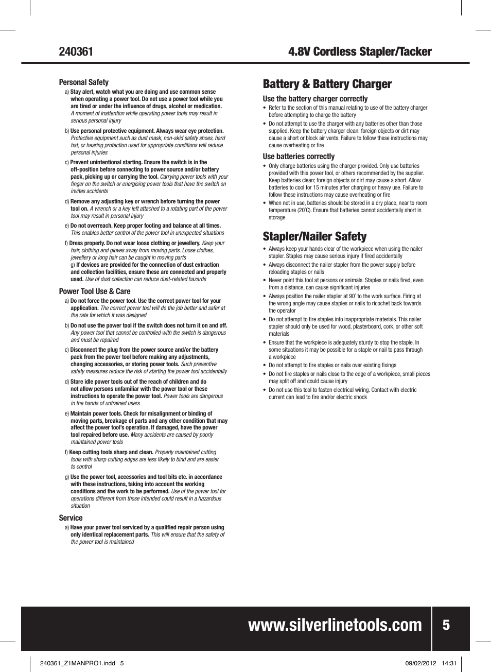 Battery & battery charger, Stapler/nailer safety | Silverline 4.8V Cordless Stapler/Tacker User Manual | Page 6 / 28