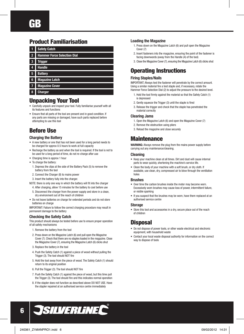 Unpacking your tool, Before use, Operating instructions | Maintenance, Disposal, Product familiarisation | Silverline 4.8V Cordless Stapler/Tacker User Manual | Page 7 / 28