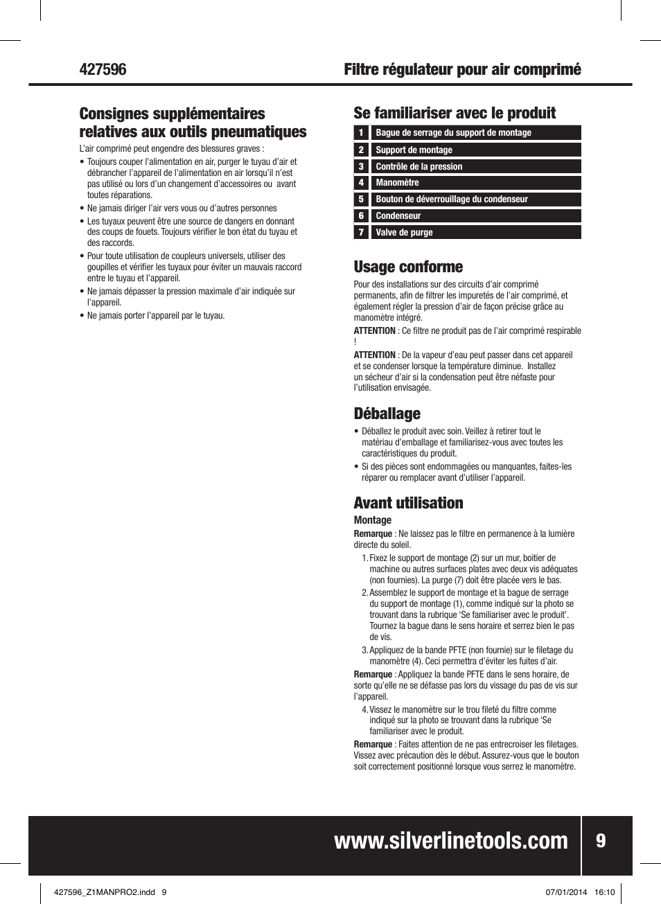 Se familiariser avec le produit usage conforme, Déballage, Avant utilisation | Silverline Air Line Filter Regulator User Manual | Page 10 / 28