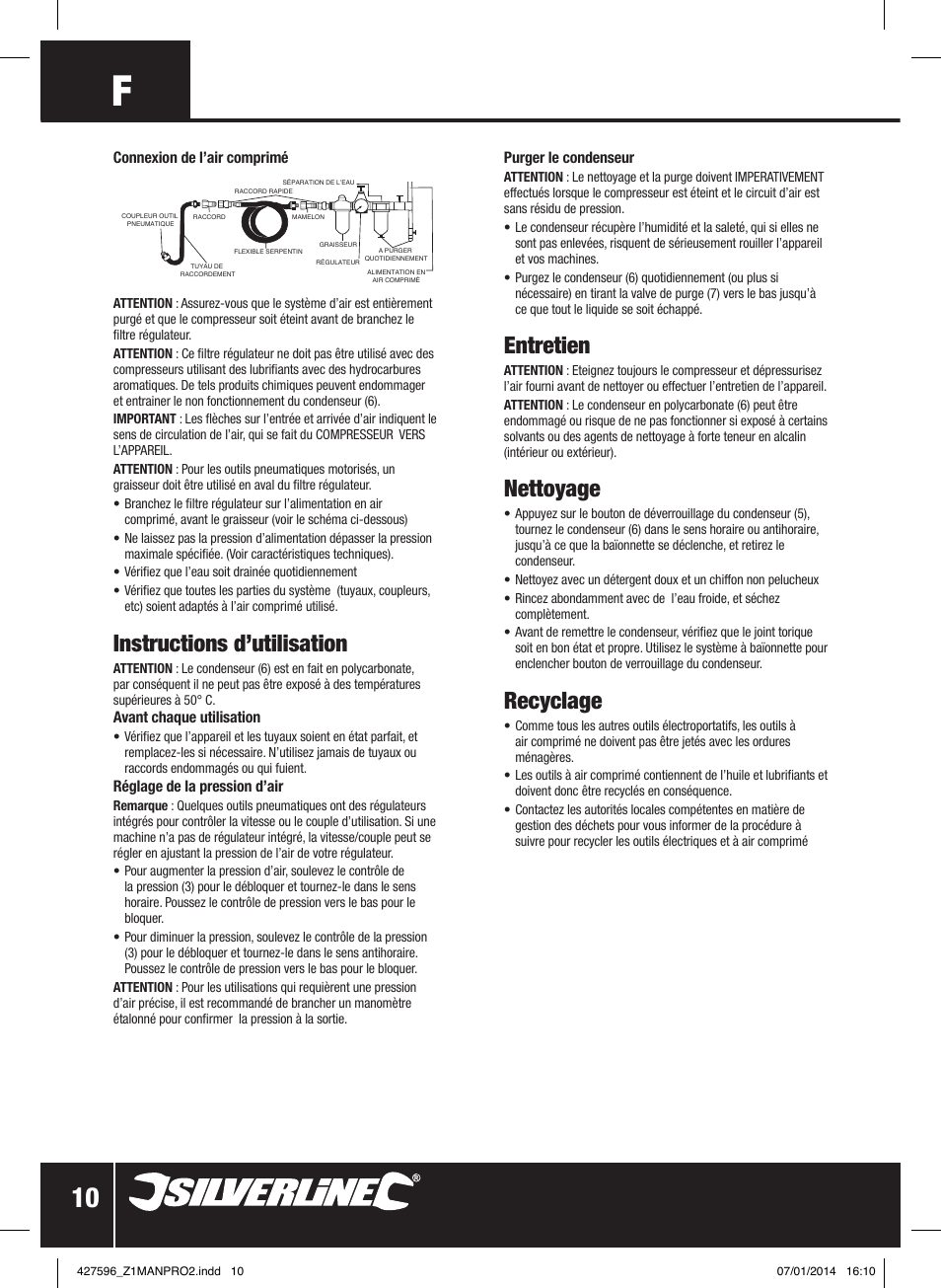 Instructions d’utilisation, Entretien, Nettoyage | Recyclage | Silverline Air Line Filter Regulator User Manual | Page 11 / 28