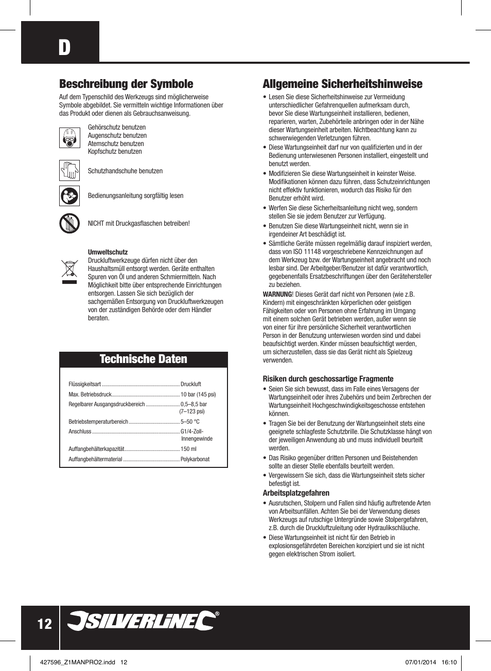 Allgemeine sicherheitshinweise, Beschreibung der symbole, Technische daten | Silverline Air Line Filter Regulator User Manual | Page 13 / 28