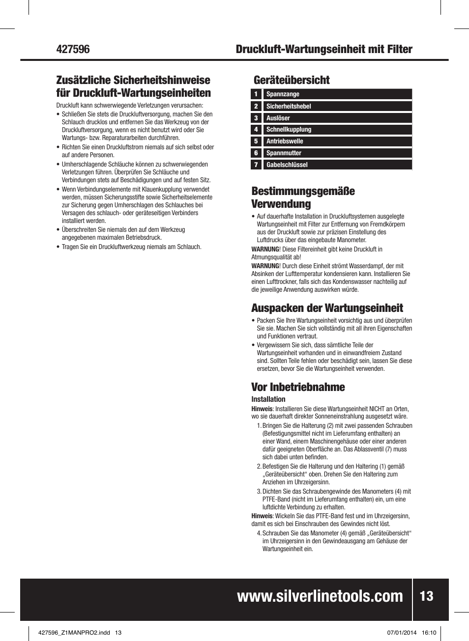 Geräteübersicht bestimmungsgemäße verwendung, Auspacken der wartungseinheit, Vor inbetriebnahme | Silverline Air Line Filter Regulator User Manual | Page 14 / 28