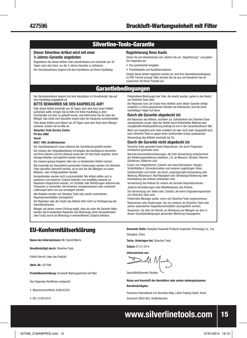 Eu-konformitätserklärung | Silverline Air Line Filter Regulator User Manual | Page 16 / 28