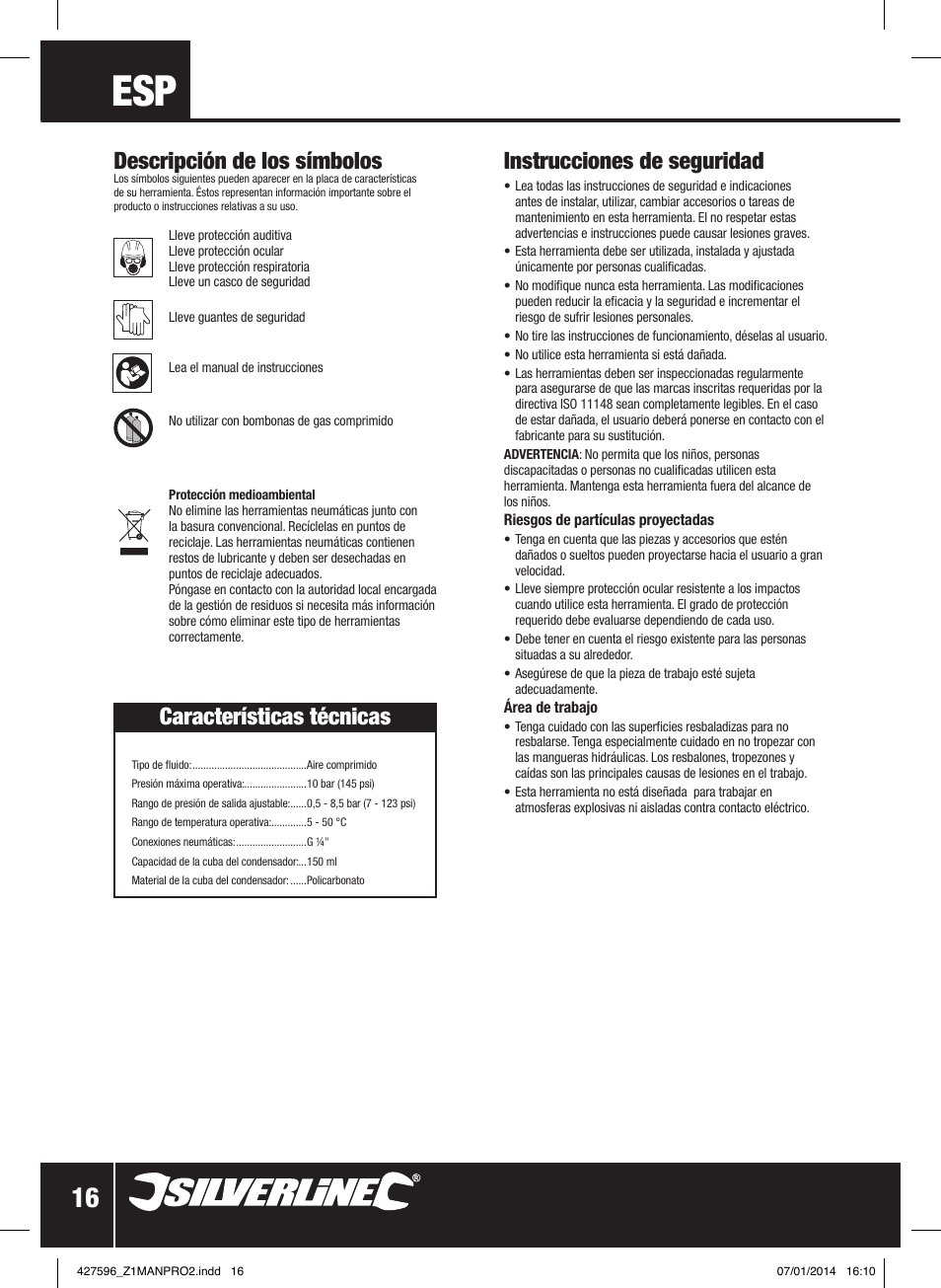 Instrucciones de seguridad, Descripción de los símbolos, Características técnicas | Silverline Air Line Filter Regulator User Manual | Page 17 / 28