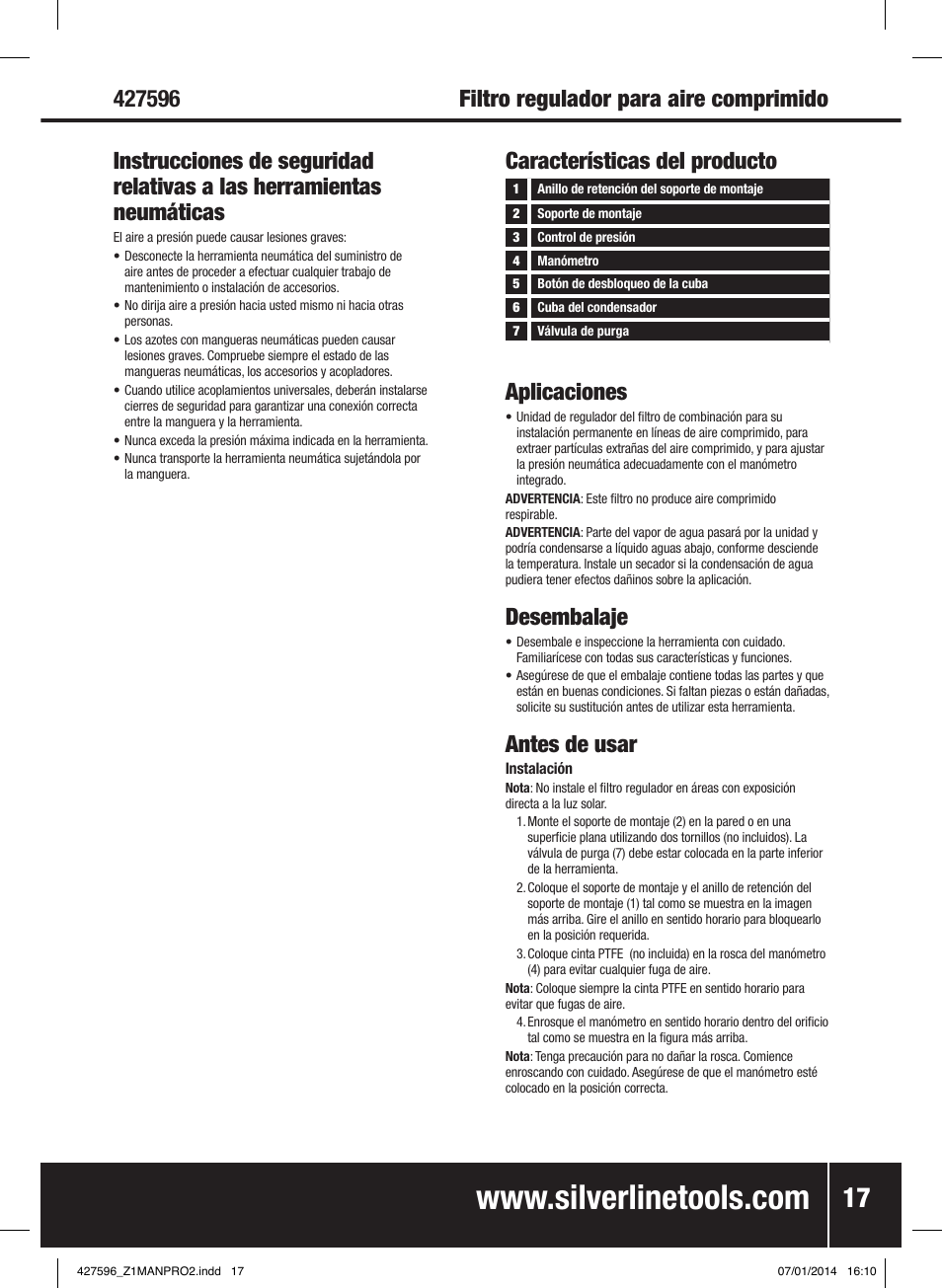 Características del producto aplicaciones, Desembalaje, Antes de usar | Silverline Air Line Filter Regulator User Manual | Page 18 / 28