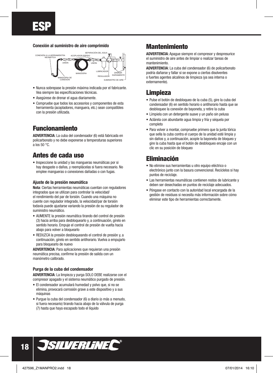 Funcionamiento, Antes de cada uso, Mantenimiento | Limpieza, Eliminación | Silverline Air Line Filter Regulator User Manual | Page 19 / 28