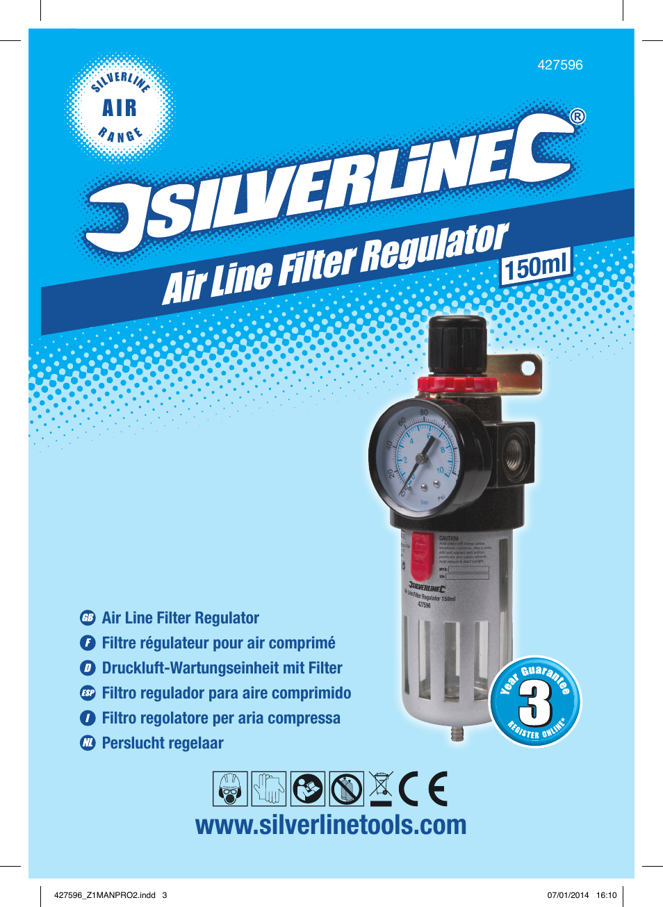 Air line filter reg ulator, 150ml, A i r | Silverline Air Line Filter Regulator User Manual | Page 2 / 28