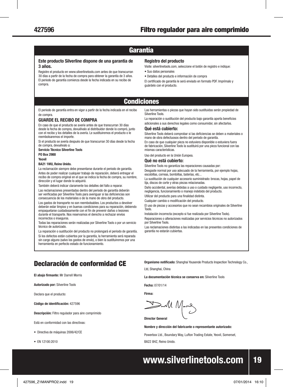 Declaración de conformidad ce | Silverline Air Line Filter Regulator User Manual | Page 20 / 28