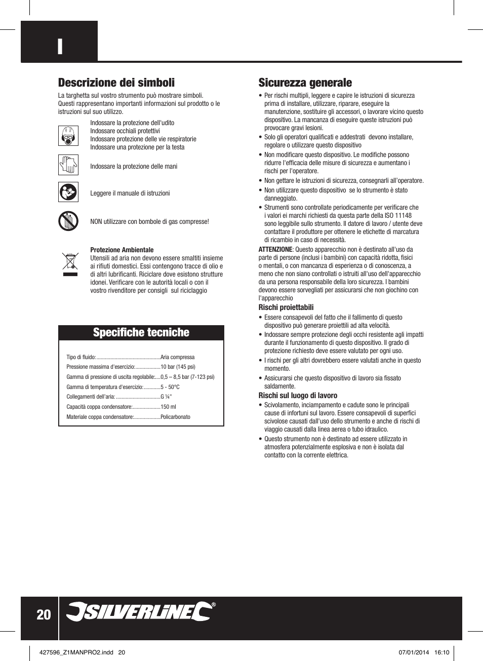 Sicurezza generale, Descrizione dei simboli, Specifiche tecniche | Silverline Air Line Filter Regulator User Manual | Page 21 / 28