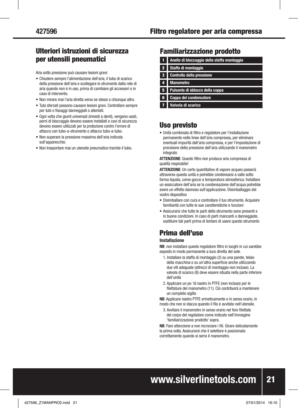 Familiarizzazione prodotto uso previsto, Prima dell’uso | Silverline Air Line Filter Regulator User Manual | Page 22 / 28