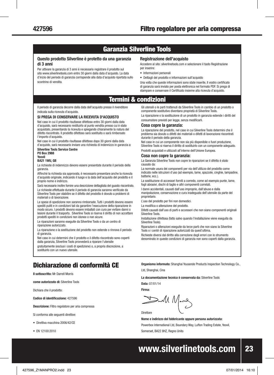 Dichiarazione di conformità ce | Silverline Air Line Filter Regulator User Manual | Page 24 / 28