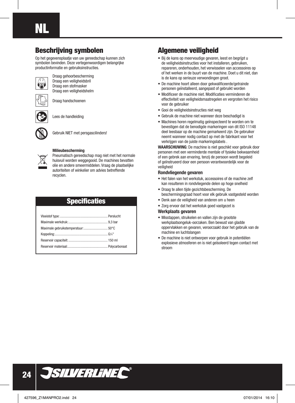 Algemene veiligheid, Beschrijving symbolen, Specificaties | Silverline Air Line Filter Regulator User Manual | Page 25 / 28