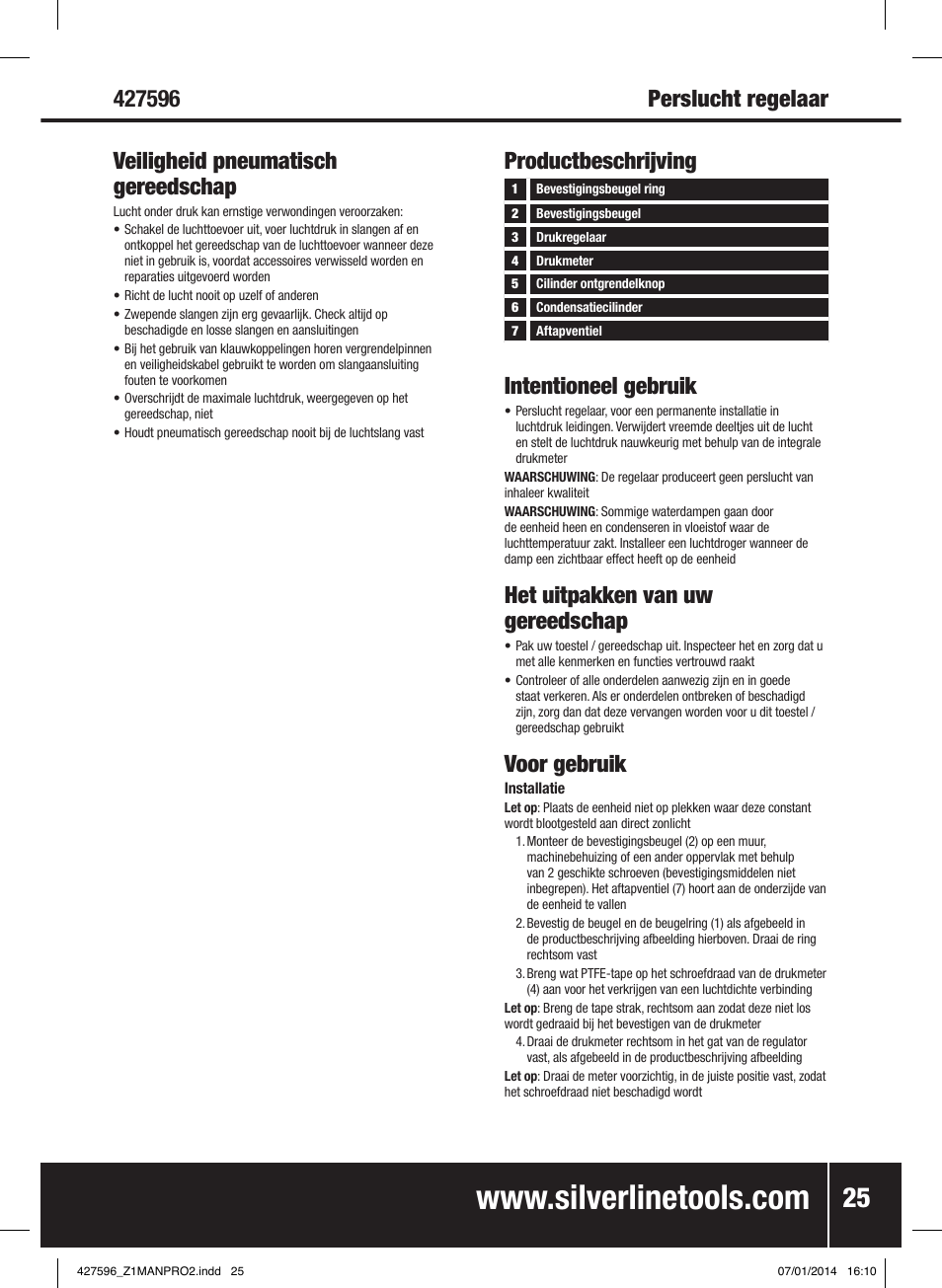 Productbeschrijving intentioneel gebruik, Het uitpakken van uw gereedschap, Voor gebruik | Silverline Air Line Filter Regulator User Manual | Page 26 / 28