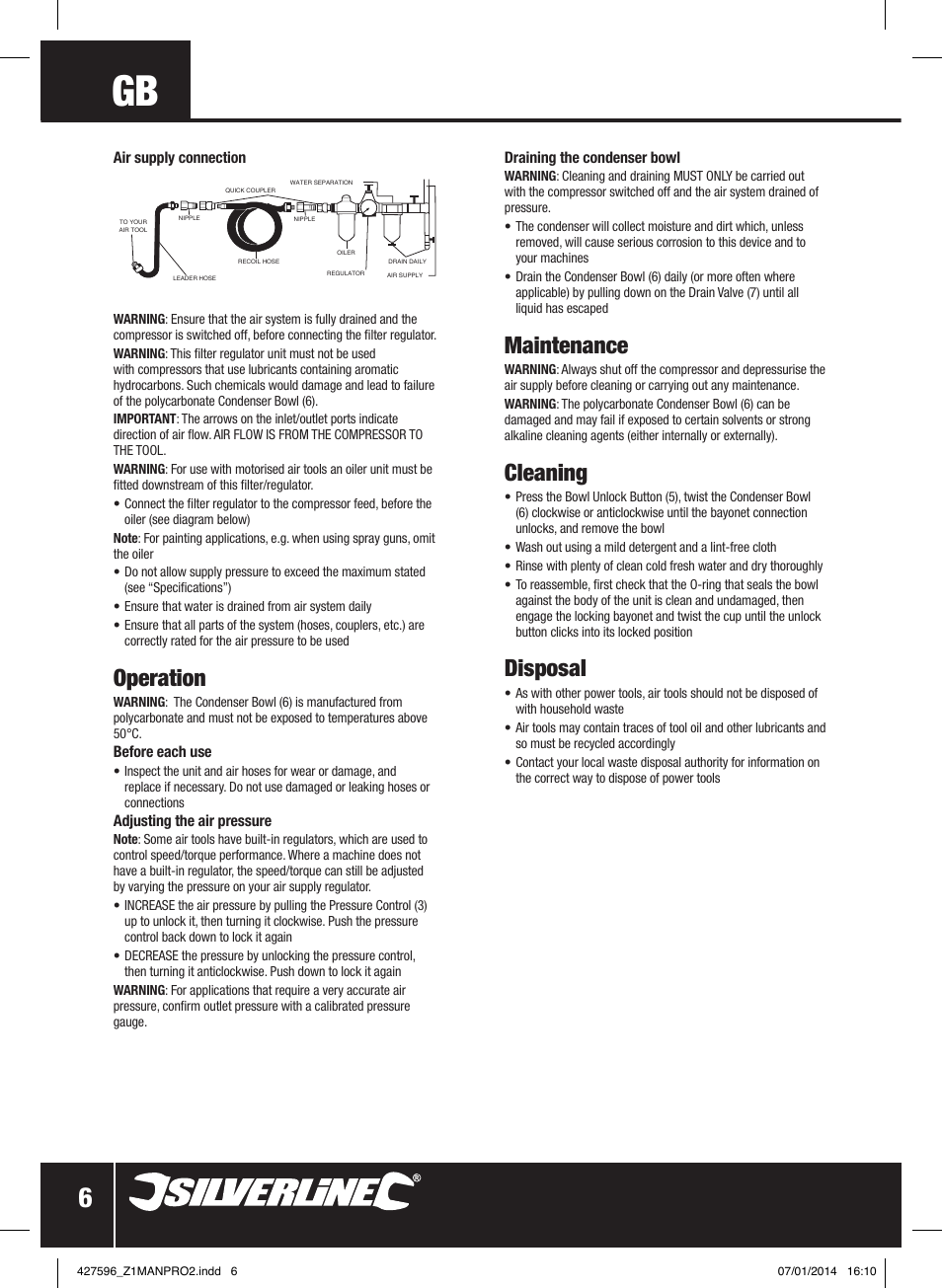 Operation, Maintenance, Cleaning | Disposal | Silverline Air Line Filter Regulator User Manual | Page 7 / 28