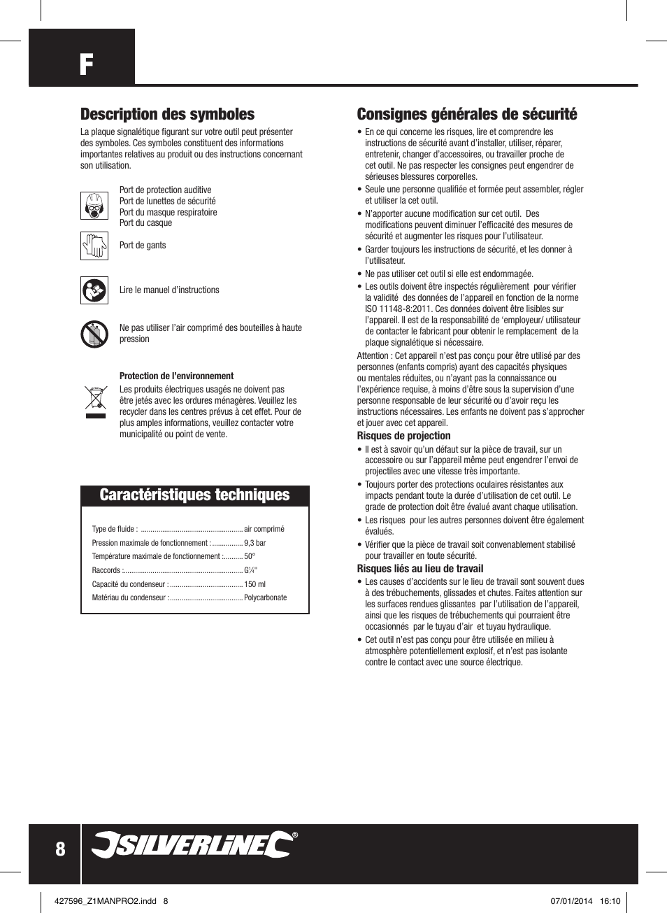 Consignes générales de sécurité, Description des symboles, Caractéristiques techniques | Silverline Air Line Filter Regulator User Manual | Page 9 / 28