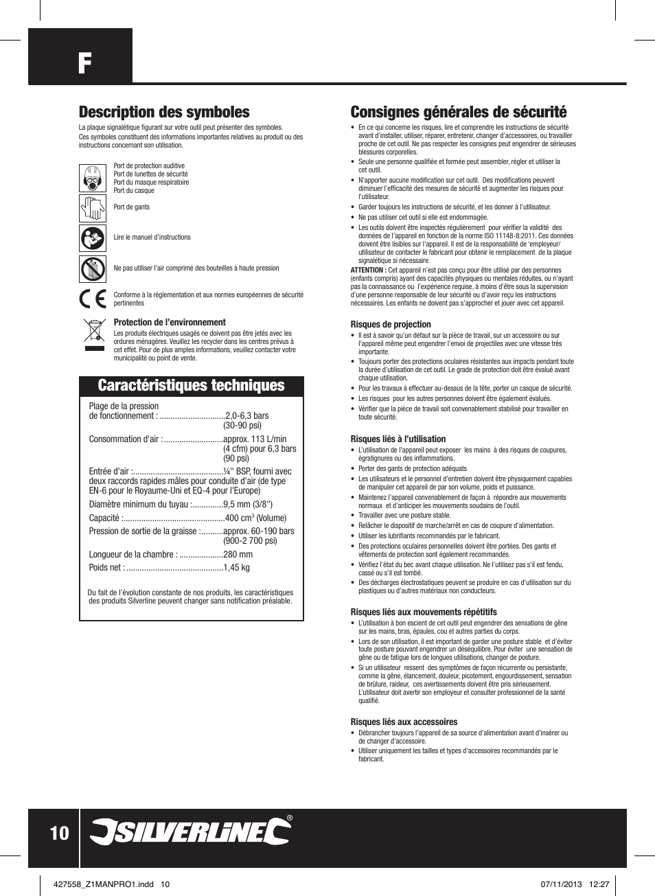 Consignes générales de sécurité, Description des symboles, Caractéristiques techniques | Silverline Air Grease Gun 400cc User Manual | Page 11 / 40