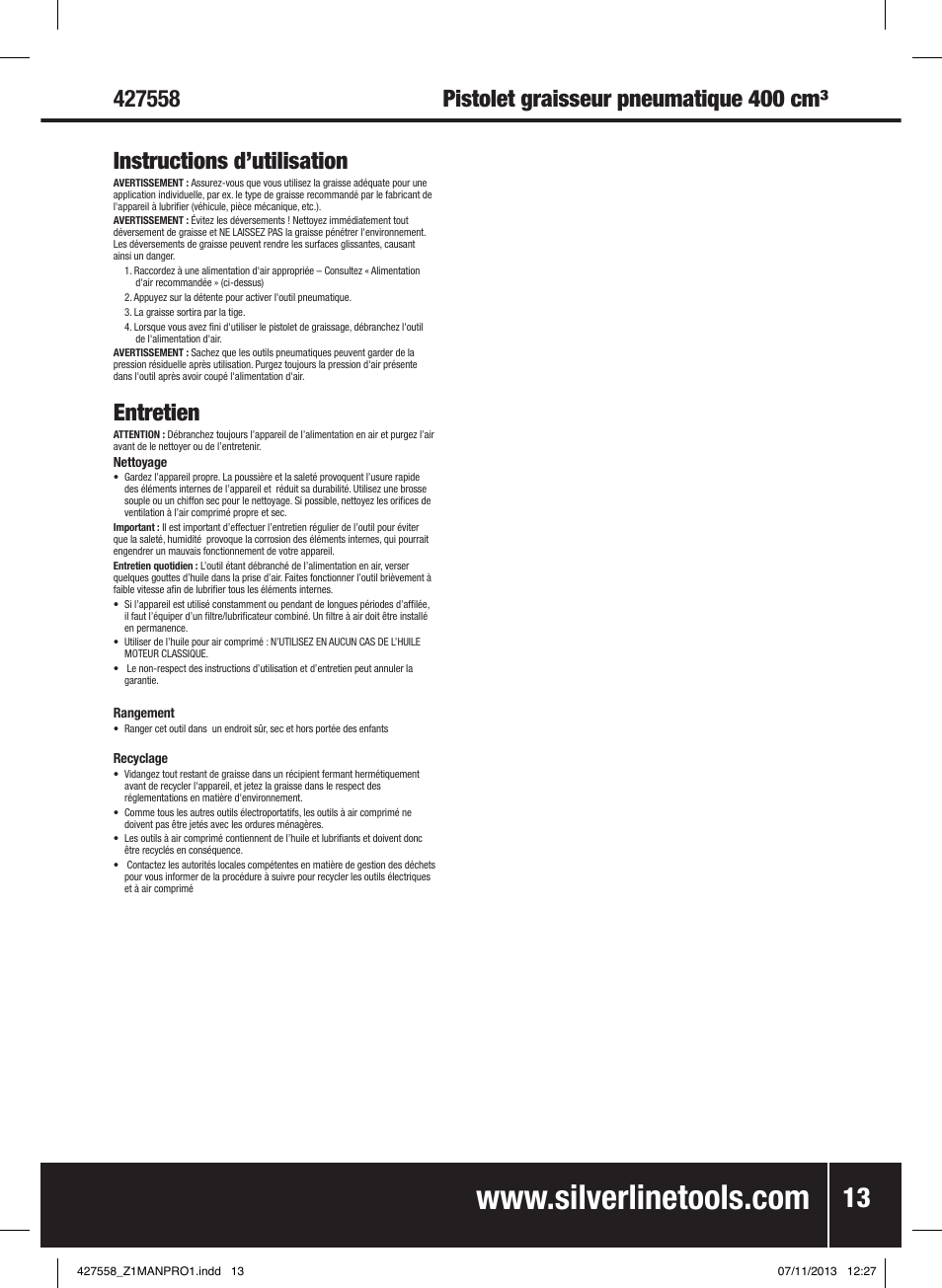 Entretien | Silverline Air Grease Gun 400cc User Manual | Page 14 / 40