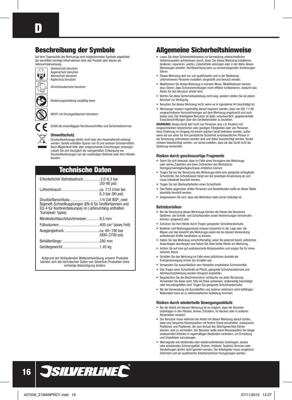 Technische daten beschreibung der symbole, Allgemeine sicherheitshinweise | Silverline Air Grease Gun 400cc User Manual | Page 17 / 40