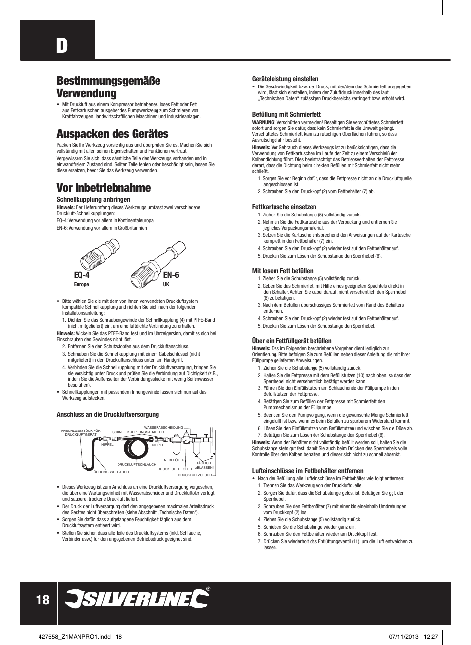 Bestimmungsgemäße verwendung, Auspacken des gerätes, Vor inbetriebnahme | Eq-4, En-6 | Silverline Air Grease Gun 400cc User Manual | Page 19 / 40