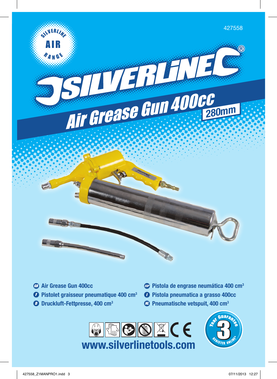 Air grease gun 4 00cc, A i r, 280mm | Silverline Air Grease Gun 400cc User Manual | Page 2 / 40