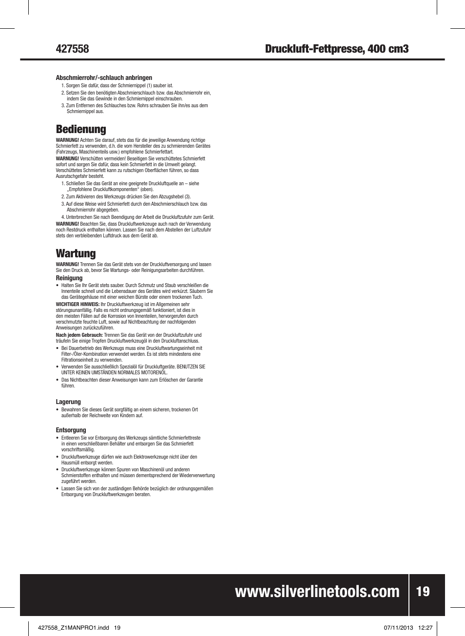 Bedienung, Wartung | Silverline Air Grease Gun 400cc User Manual | Page 20 / 40