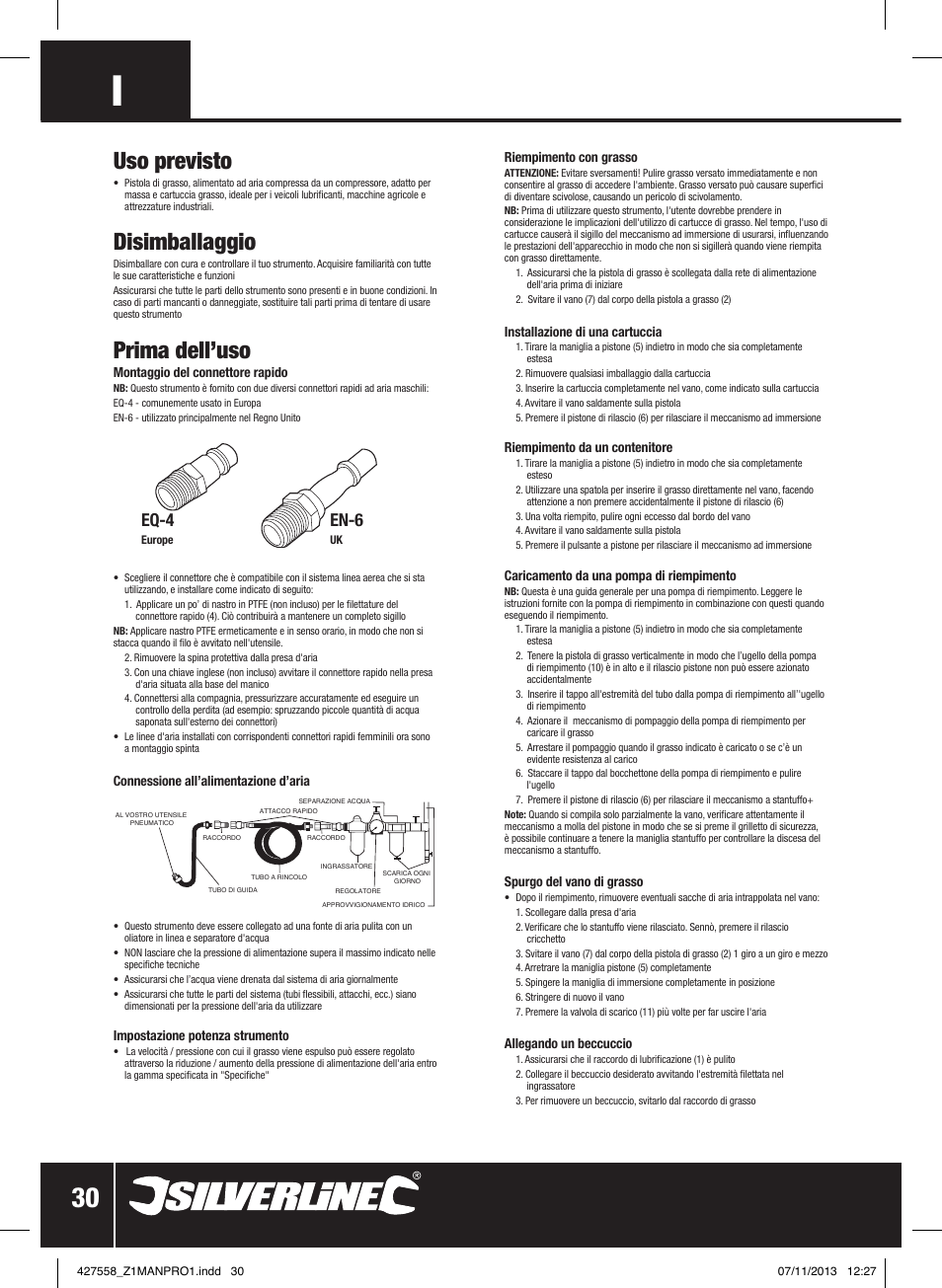 Uso previsto, Disimballaggio, Prima dell’uso | Eq-4, En-6 | Silverline Air Grease Gun 400cc User Manual | Page 31 / 40