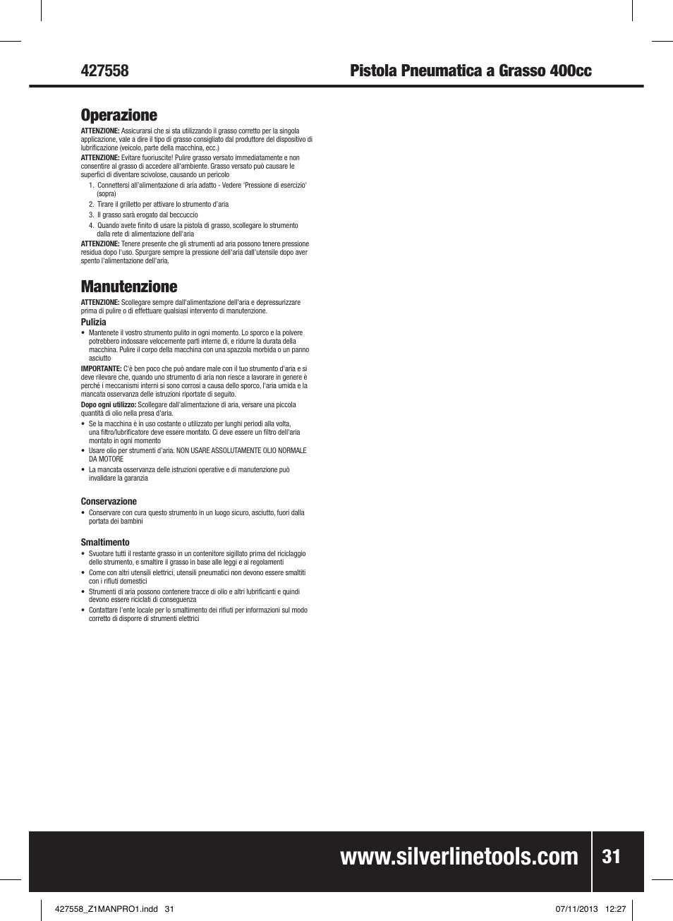 Manutenzione | Silverline Air Grease Gun 400cc User Manual | Page 32 / 40