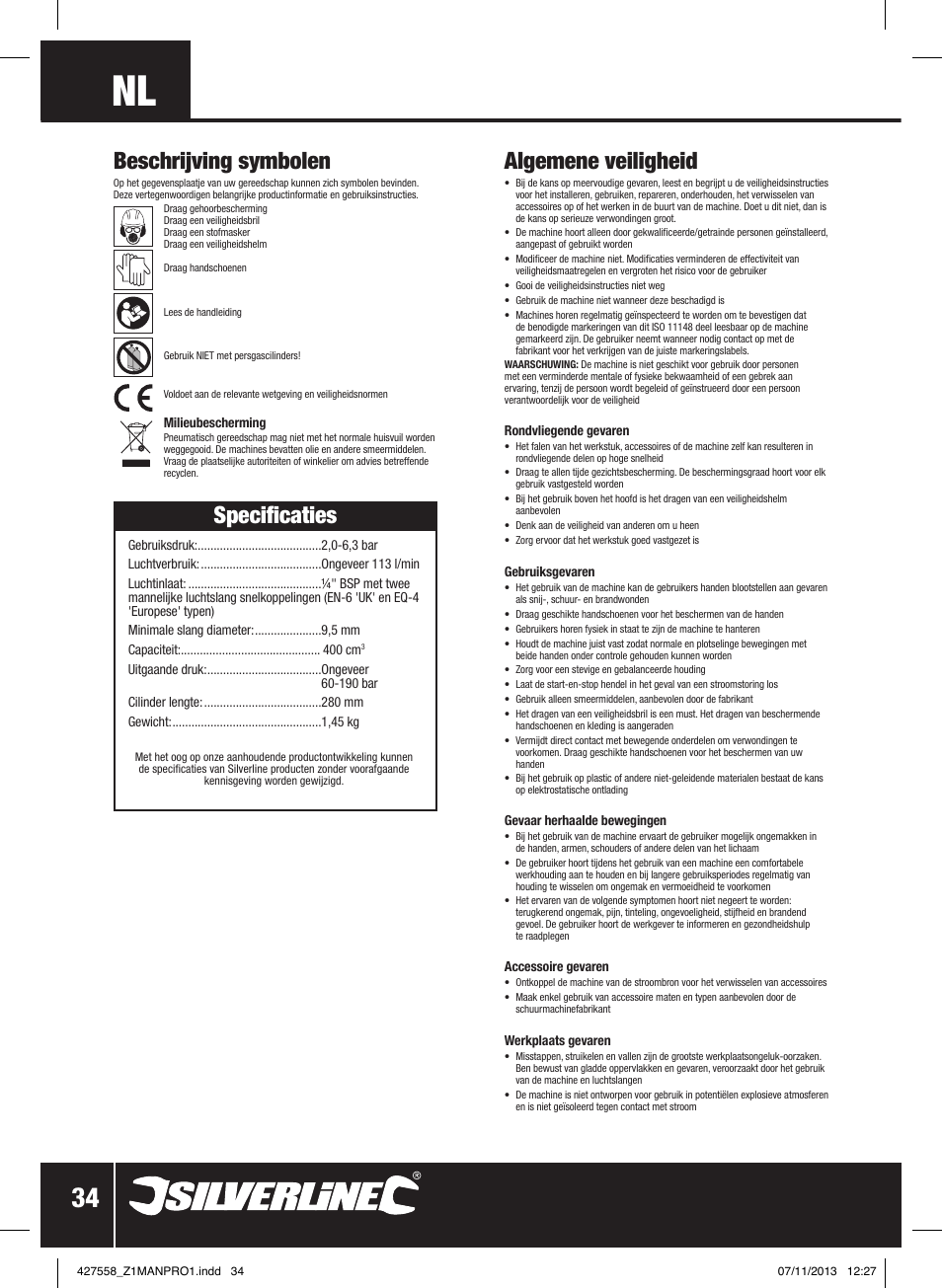 Algemene veiligheid, Specificaties beschrijving symbolen | Silverline Air Grease Gun 400cc User Manual | Page 35 / 40