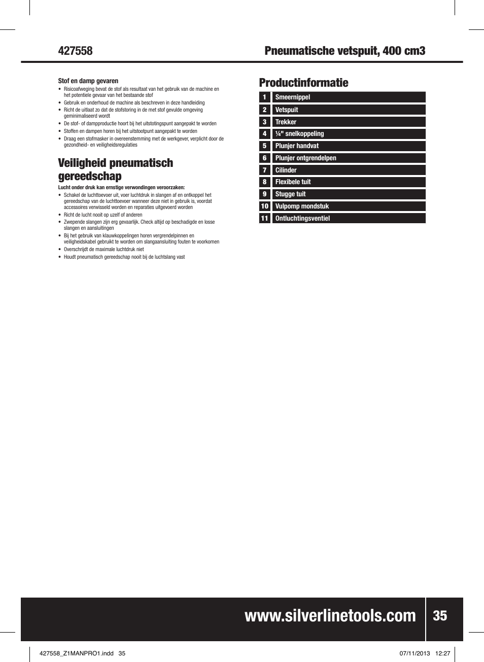 Veiligheid pneumatisch gereedschap, Productinformatie | Silverline Air Grease Gun 400cc User Manual | Page 36 / 40