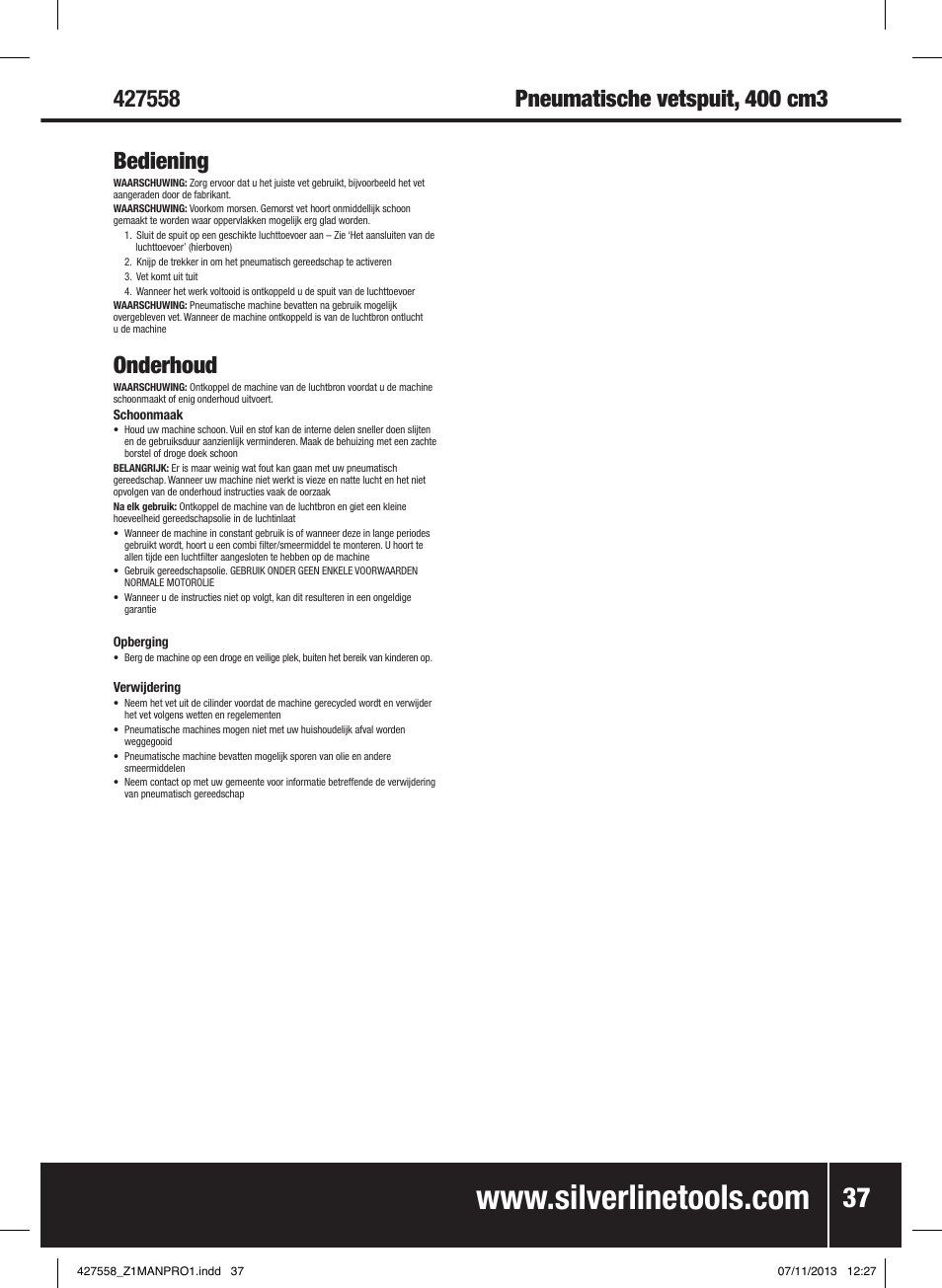 Onderhoud | Silverline Air Grease Gun 400cc User Manual | Page 38 / 40