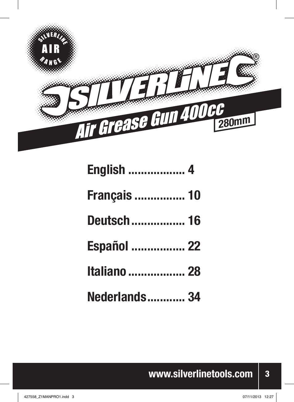 Air grease gun 4 00cc, A i r, 280mm | Silverline Air Grease Gun 400cc User Manual | Page 4 / 40