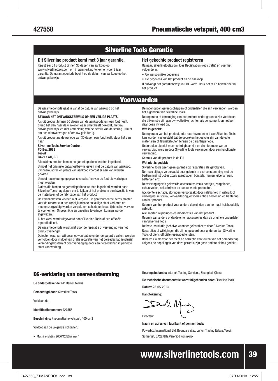 Eg-verklaring van overeenstemming | Silverline Air Grease Gun 400cc User Manual | Page 40 / 40