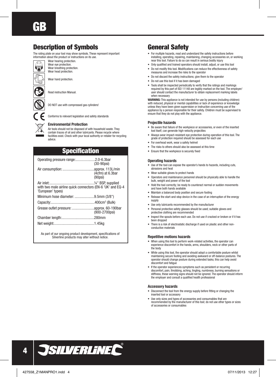 General safety, Specification description of symbols | Silverline Air Grease Gun 400cc User Manual | Page 5 / 40