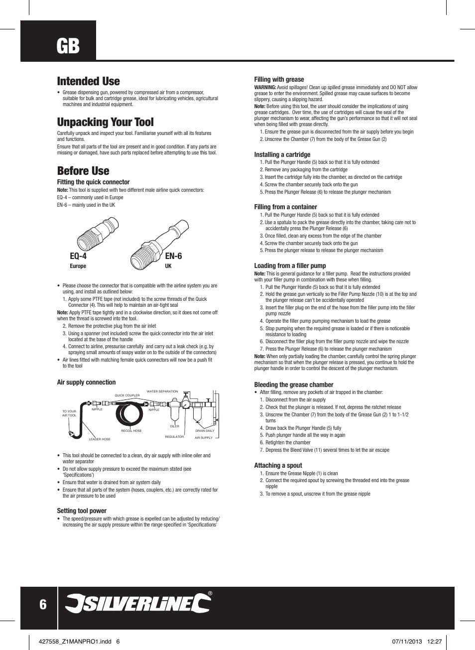 Intended use, Unpacking your tool, Before use | Eq-4, En-6 | Silverline Air Grease Gun 400cc User Manual | Page 7 / 40