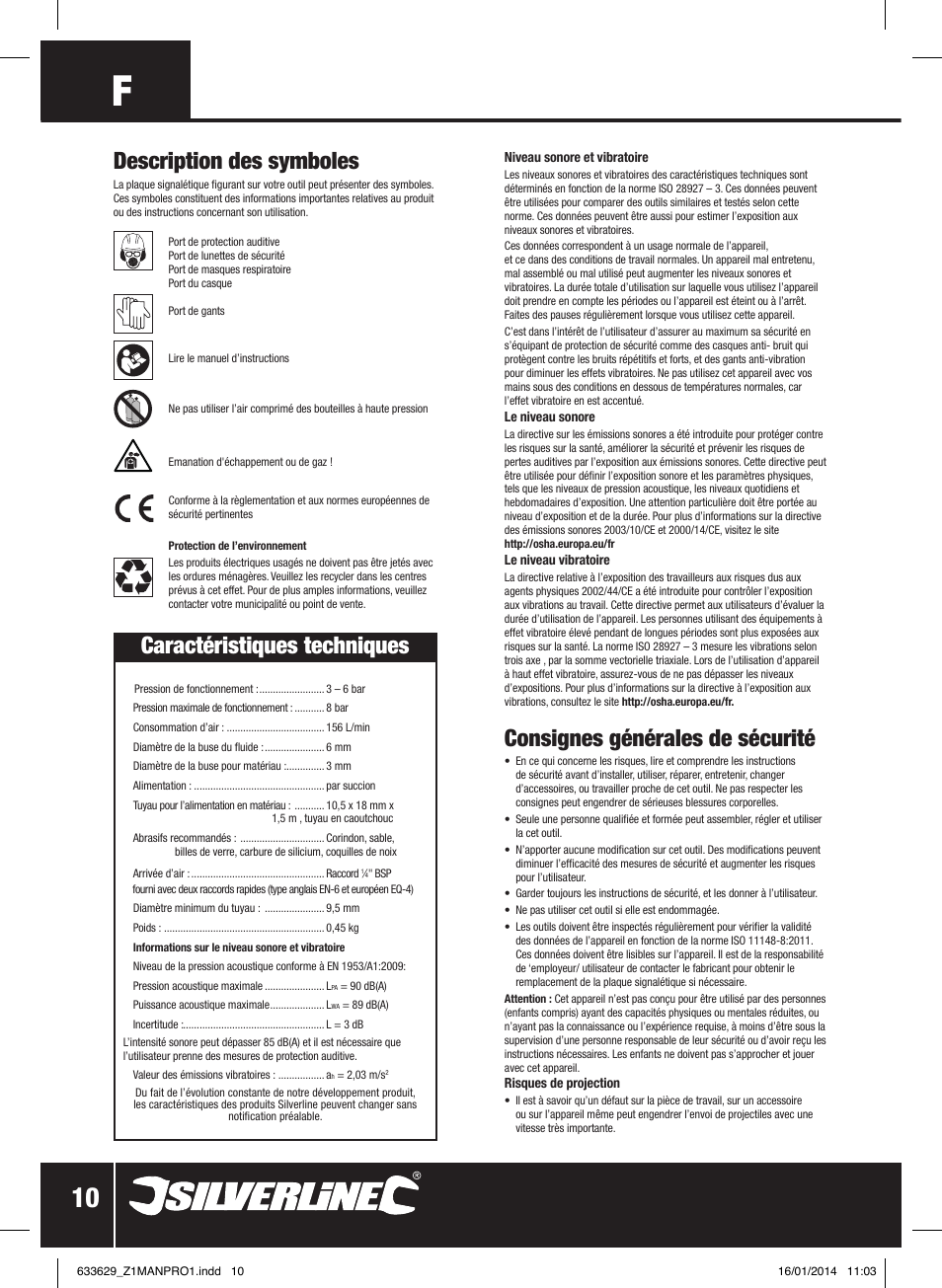 Consignes générales de sécurité, Description des symboles, Caractéristiques techniques | Silverline Air Sandblasting Kit User Manual | Page 11 / 44
