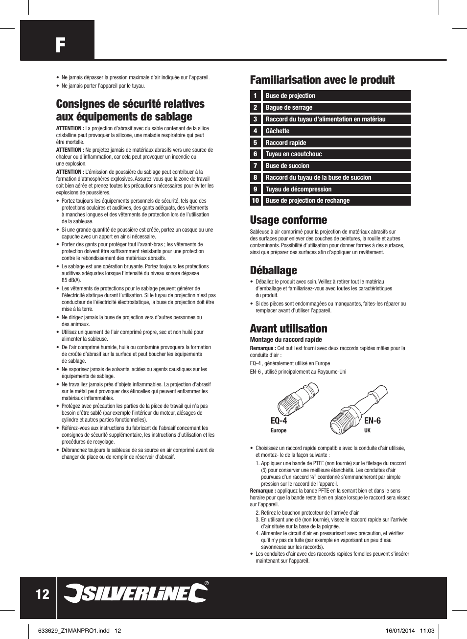 Familiarisation avec le produit usage conforme, Déballage, Avant utilisation | Eq-4, En-6 | Silverline Air Sandblasting Kit User Manual | Page 13 / 44