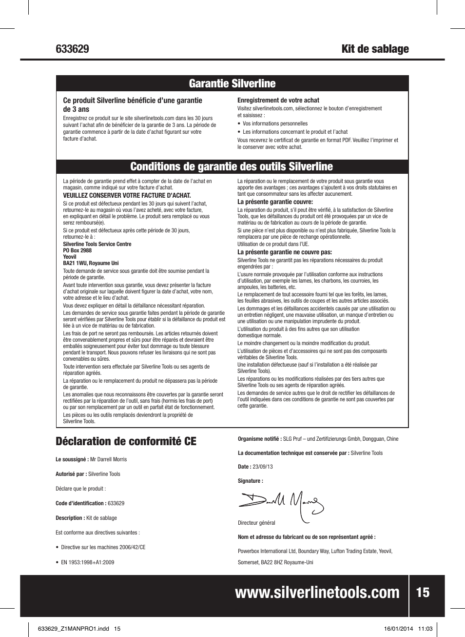 Déclaration de conformité ce | Silverline Air Sandblasting Kit User Manual | Page 16 / 44