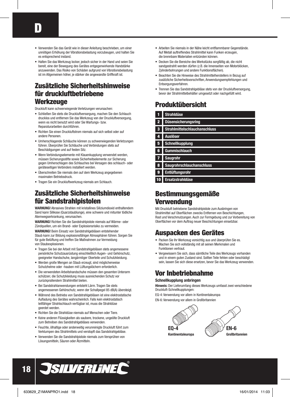 Produktübersicht bestimmungsgemäße verwendung, Auspacken des gerätes, Vor inbetriebnahme | Silverline Air Sandblasting Kit User Manual | Page 19 / 44