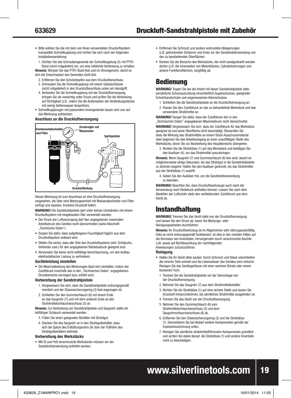 Bedienung, Instandhaltung | Silverline Air Sandblasting Kit User Manual | Page 20 / 44