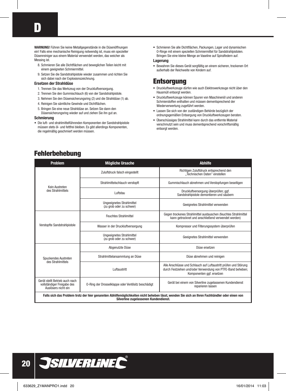 Entsorgung, Fehlerbehebung | Silverline Air Sandblasting Kit User Manual | Page 21 / 44