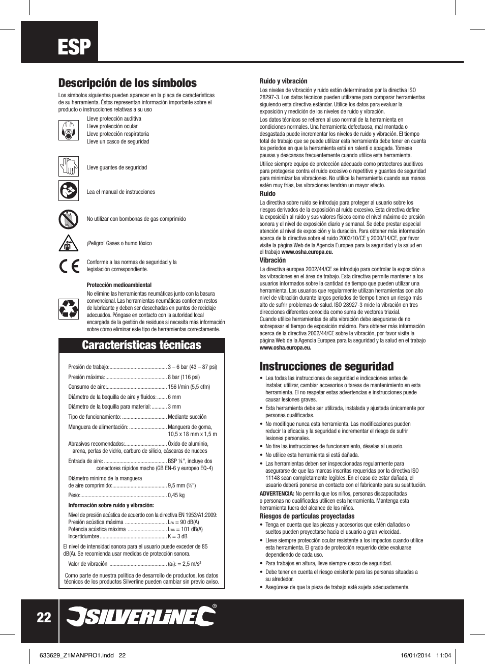 Instrucciones de seguridad, Descripción de los símbolos, Características técnicas | Silverline Air Sandblasting Kit User Manual | Page 23 / 44