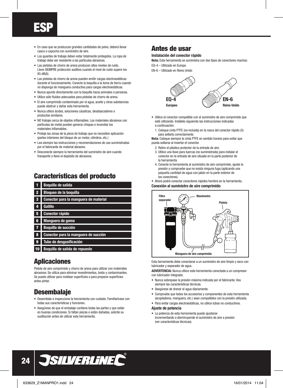 Características del producto aplicaciones, Desembalaje, Antes de usar | Eq-4, En-6 | Silverline Air Sandblasting Kit User Manual | Page 25 / 44