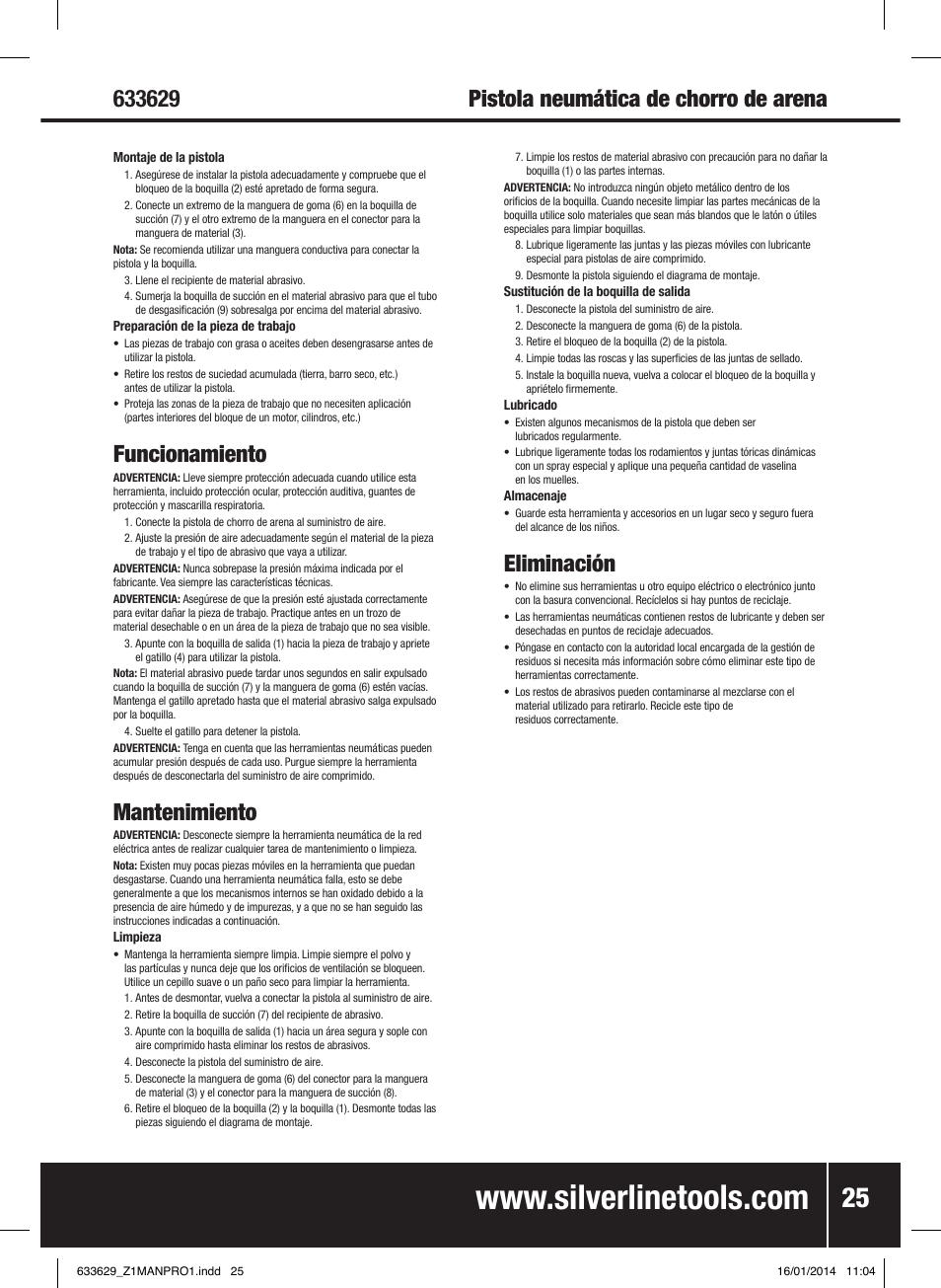 Funcionamiento, Mantenimiento, Eliminación | Silverline Air Sandblasting Kit User Manual | Page 26 / 44